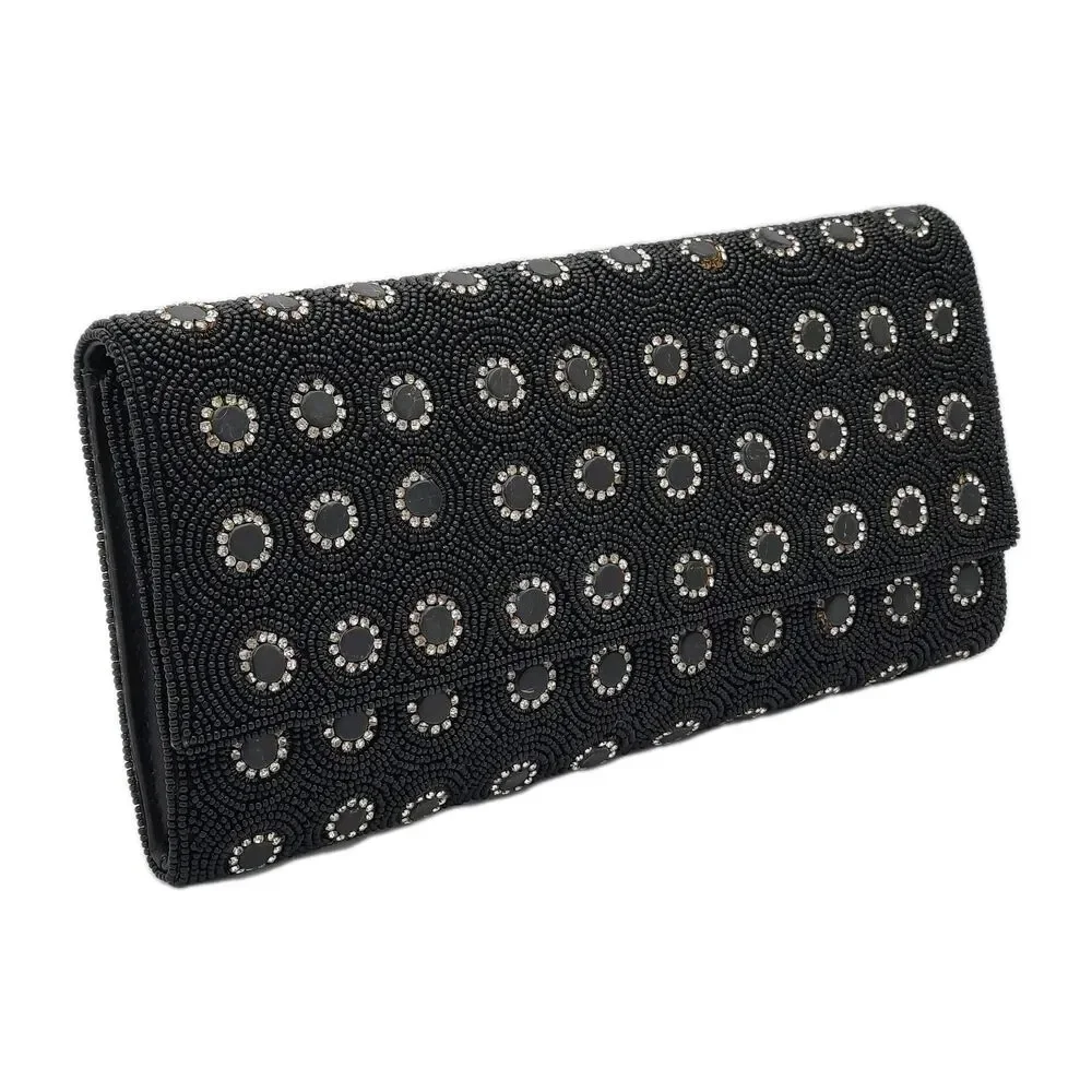 Deepa Gurnani Pattern Handmade Bead/Crystal Evening Bag Clutch Black NEW FLAWS